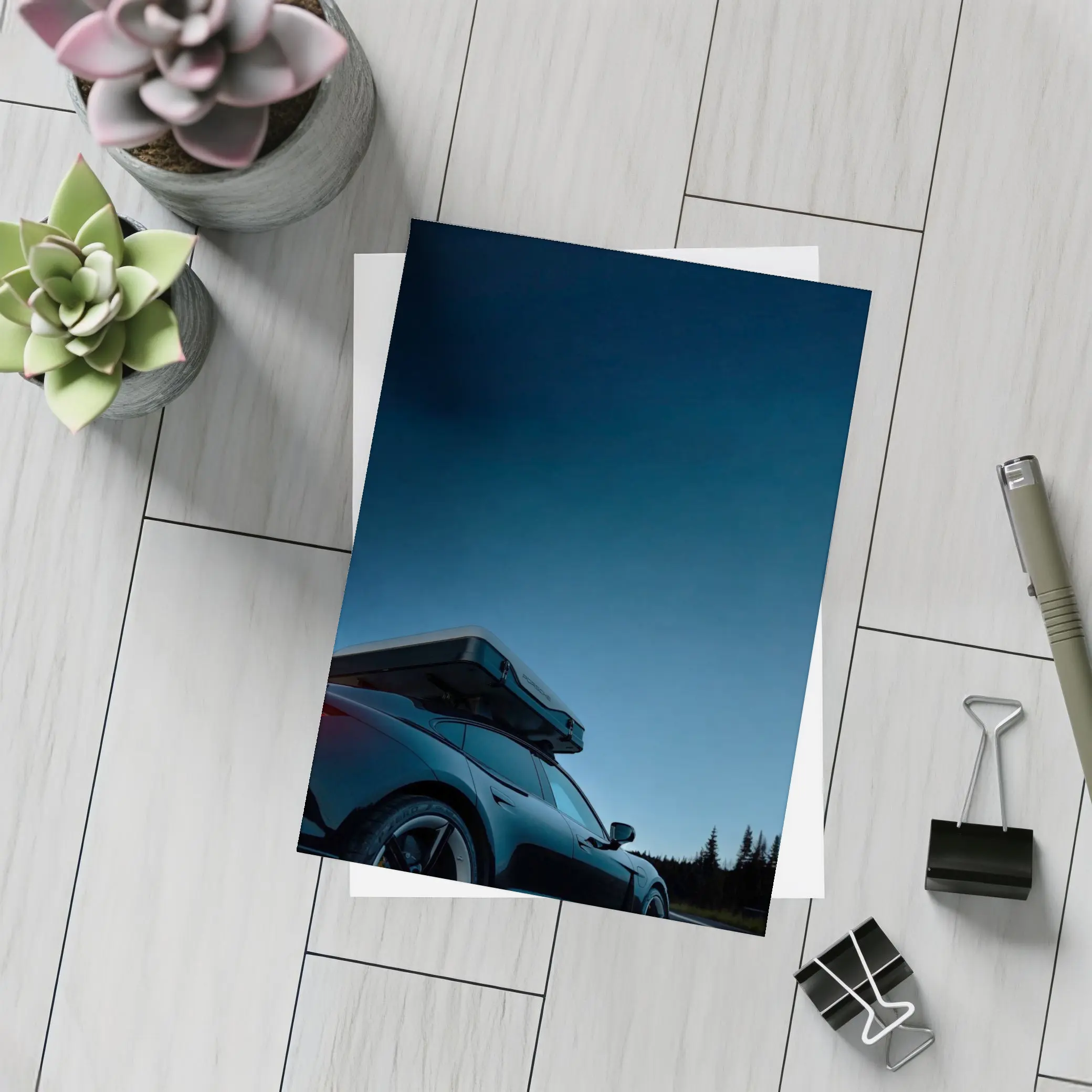 Porsche Taycan With Roof Box At Dusk – Postcards