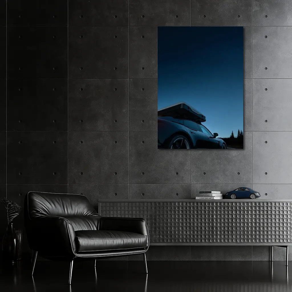 Porsche Taycan With Roof Box At Dusk – Wall Art