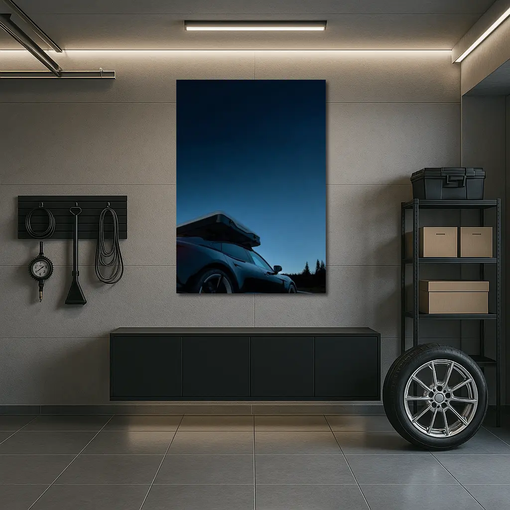 Porsche Taycan With Roof Box At Dusk – Wall Art