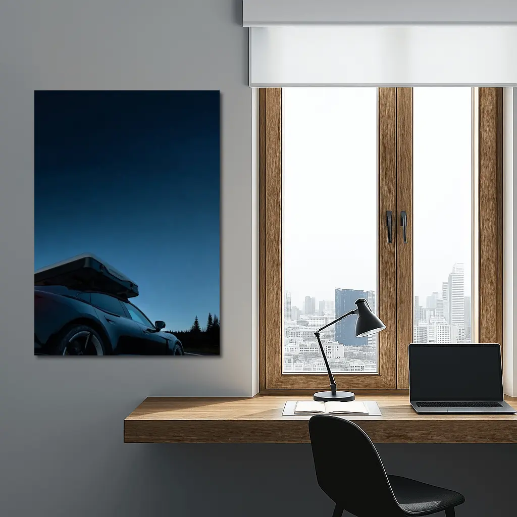 Porsche Taycan With Roof Box At Dusk – Wall Art