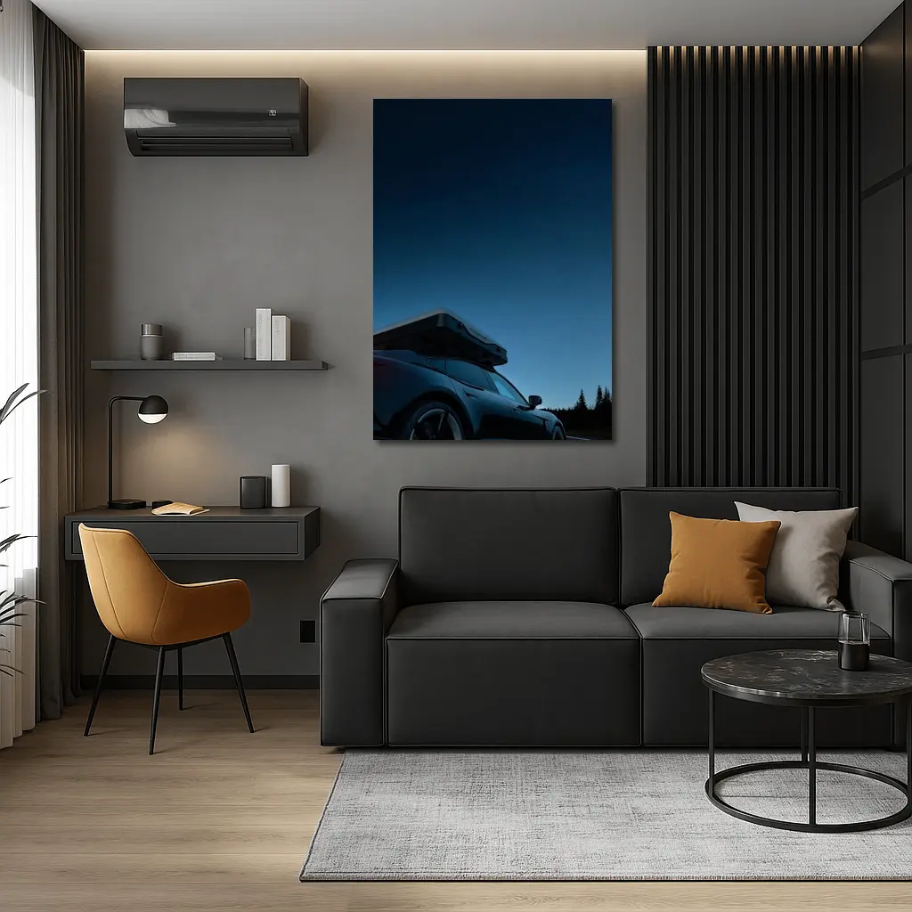 Porsche Taycan With Roof Box At Dusk – Wall Art
