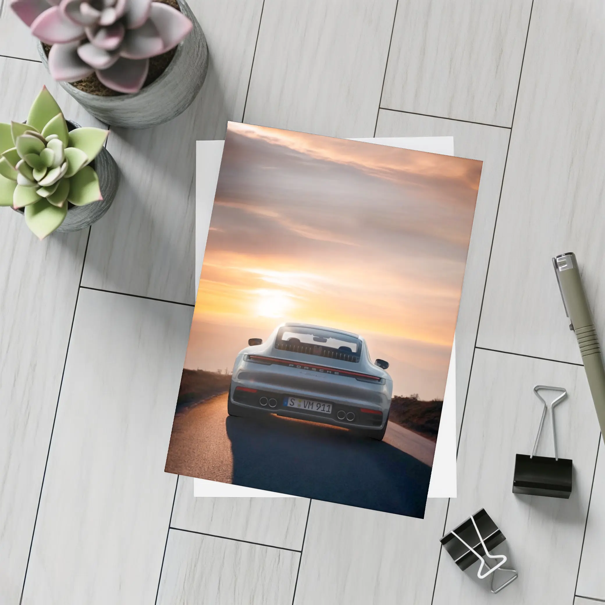 Porsche 911 Rear View Sunset Road – Postcards