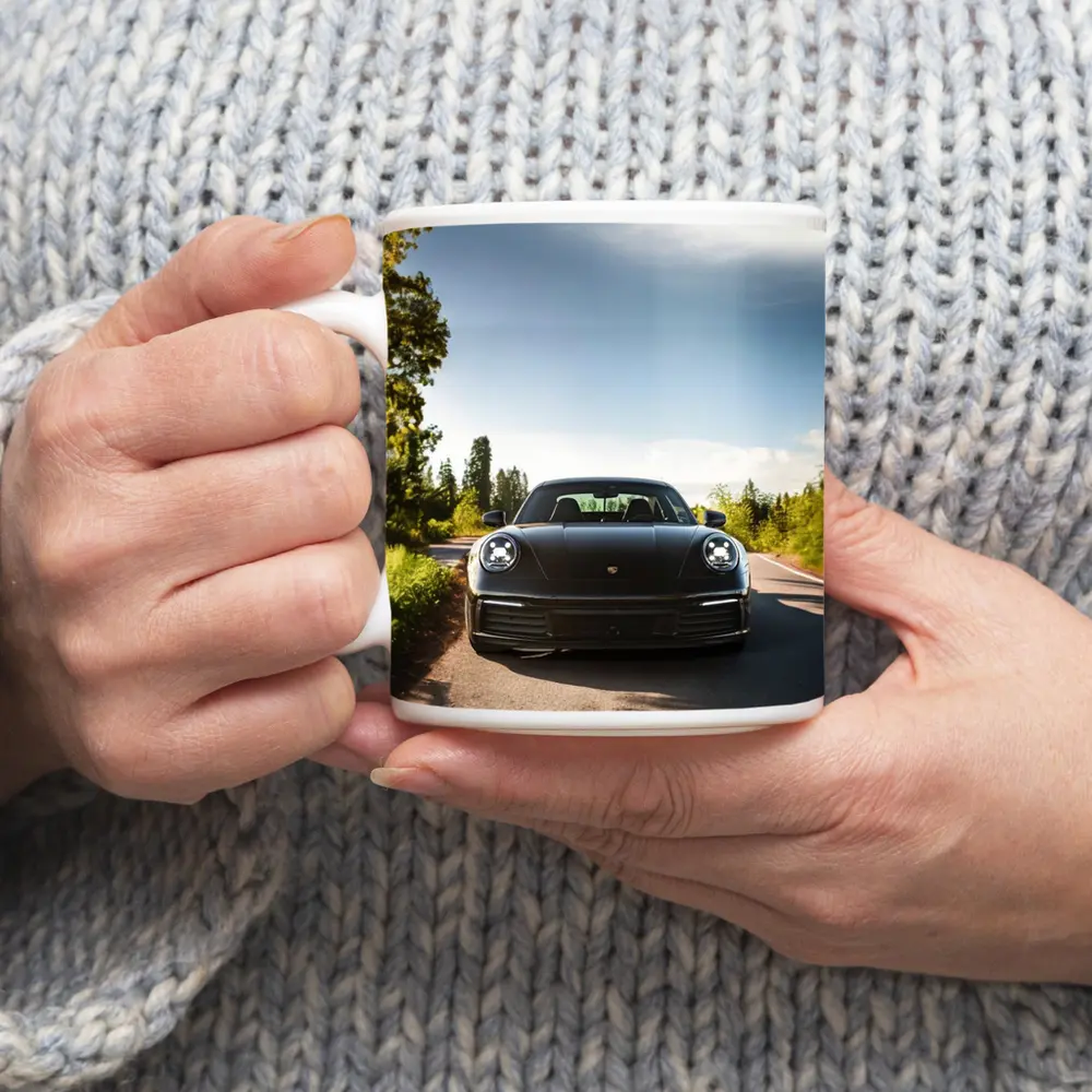 Black Porsche 911 On Tree Lined Road – Mugs