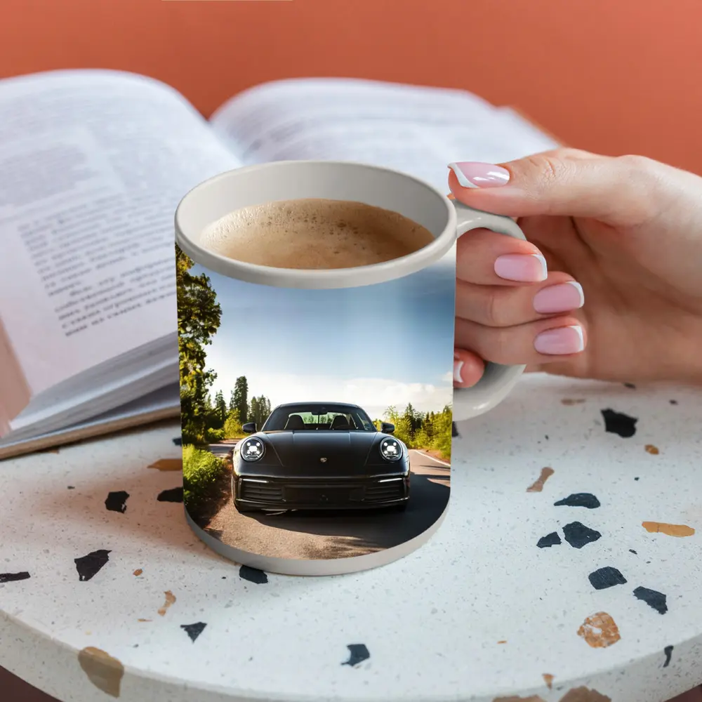 Black Porsche 911 On Tree Lined Road – Mugs