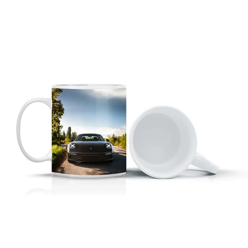 Black Porsche 911 On Tree Lined Road – Mugs