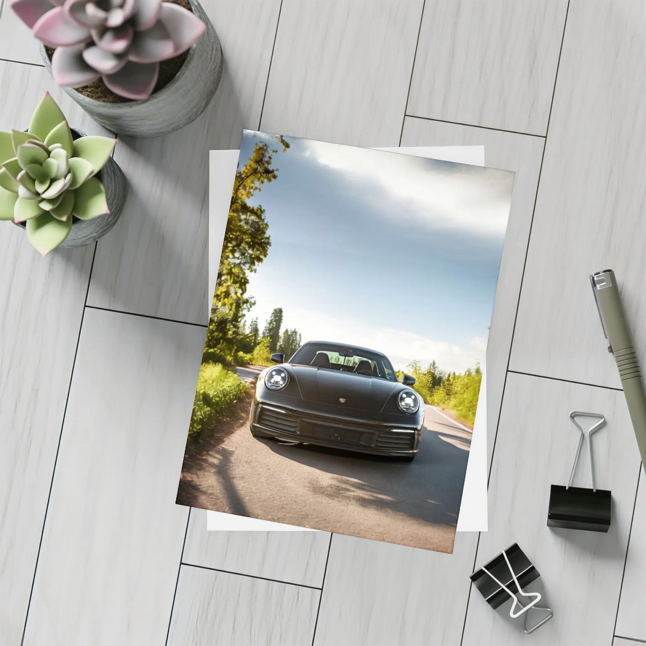 Black Porsche 911 On Tree Lined Road – Postcards