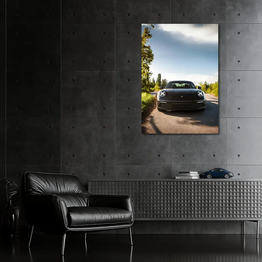 Black Porsche 911 On Tree Lined Road – Wall Art