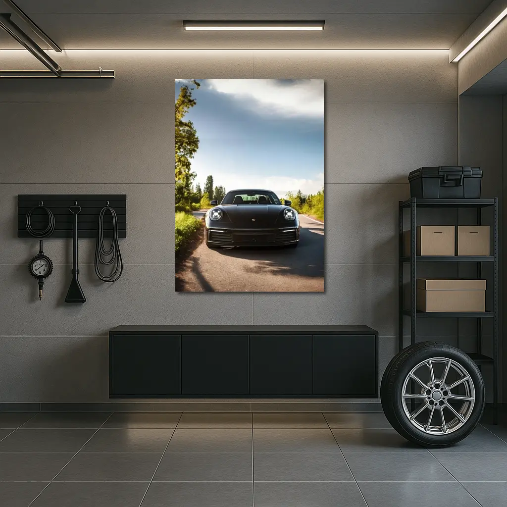 Black Porsche 911 On Tree Lined Road – Wall Art