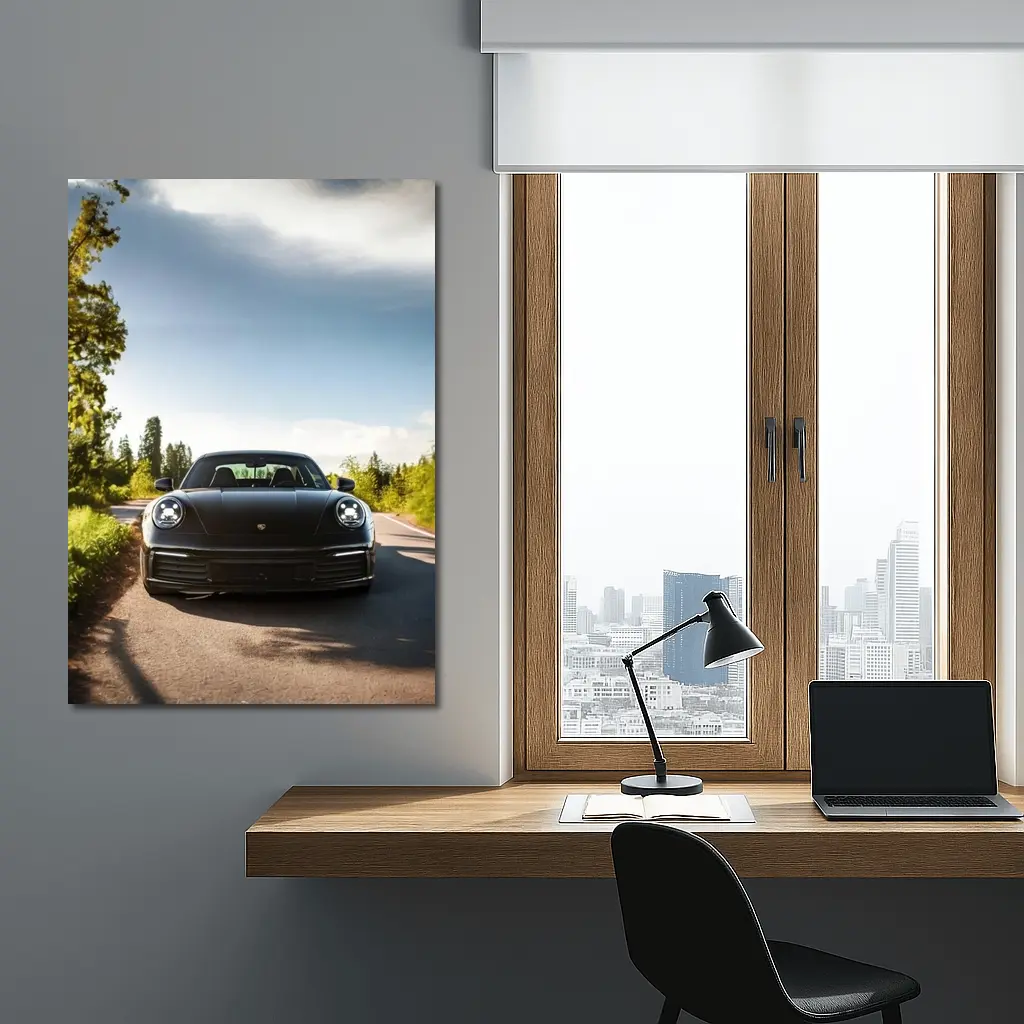 Black Porsche 911 On Tree Lined Road – Wall Art