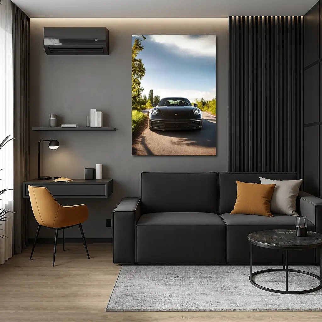 Black Porsche 911 On Tree Lined Road – Wall Art