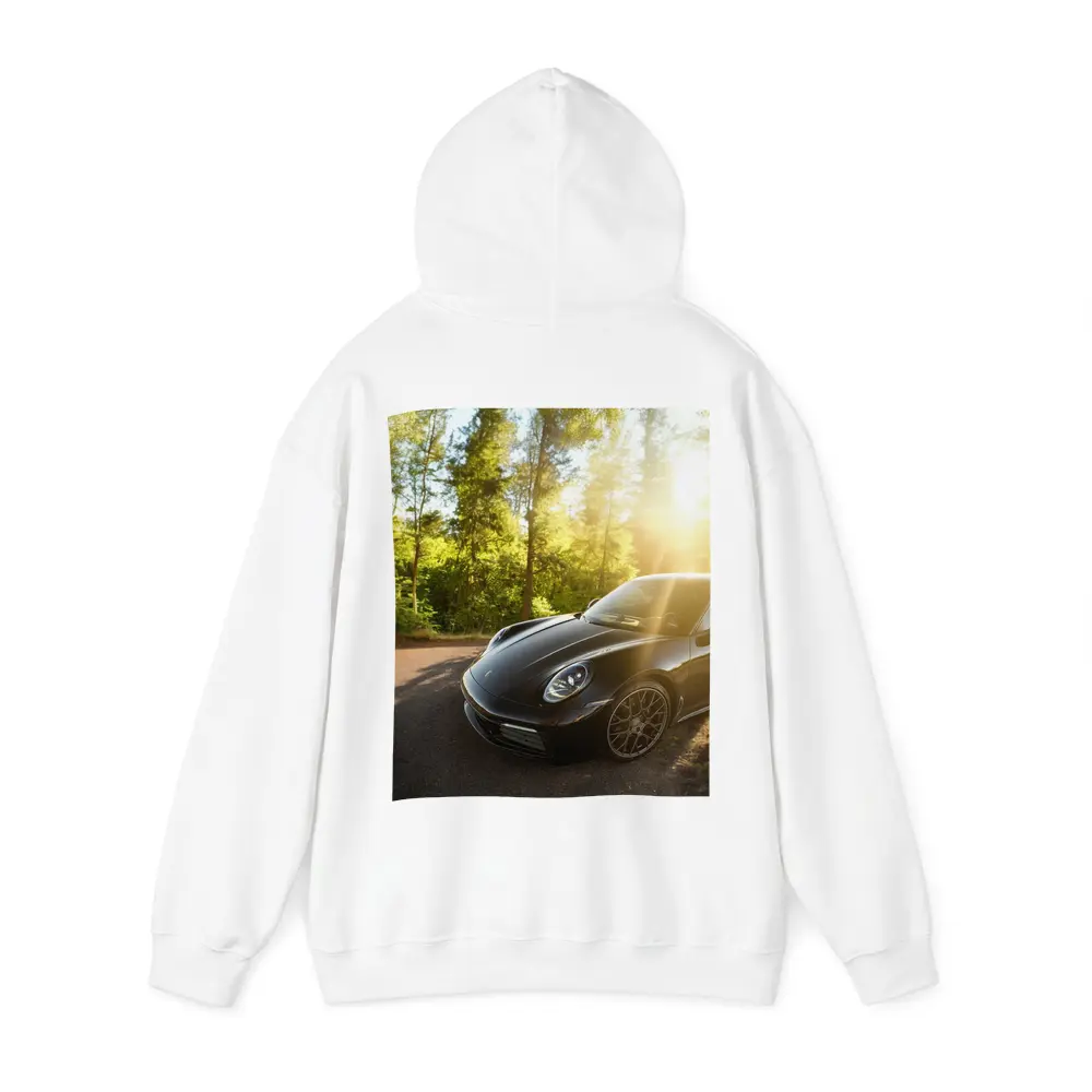 Black Porsche 911 Parked in Sunlit Forest – Hoodies