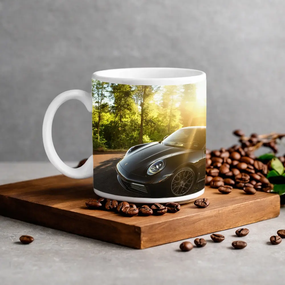 Black Porsche 911 Parked in Sunlit Forest – Mugs