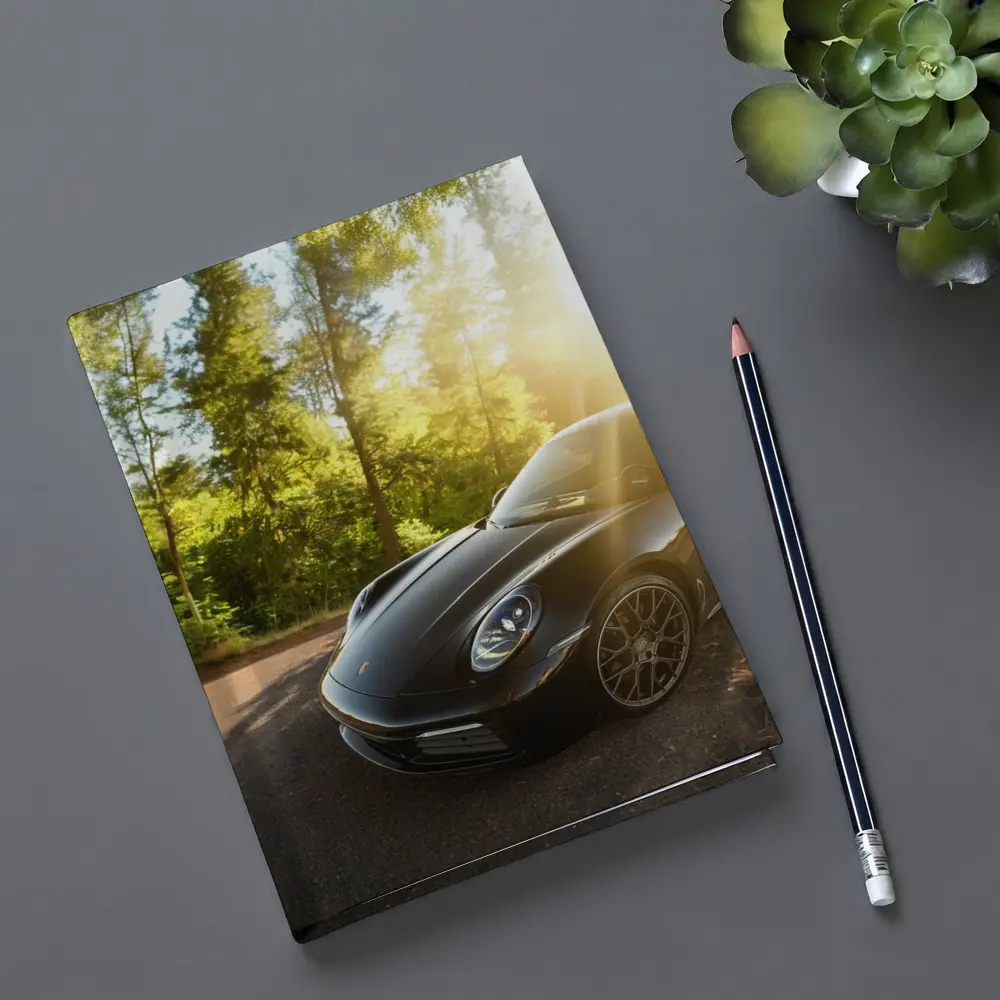 Black Porsche 911 Parked in Sunlit Forest – Notebooks