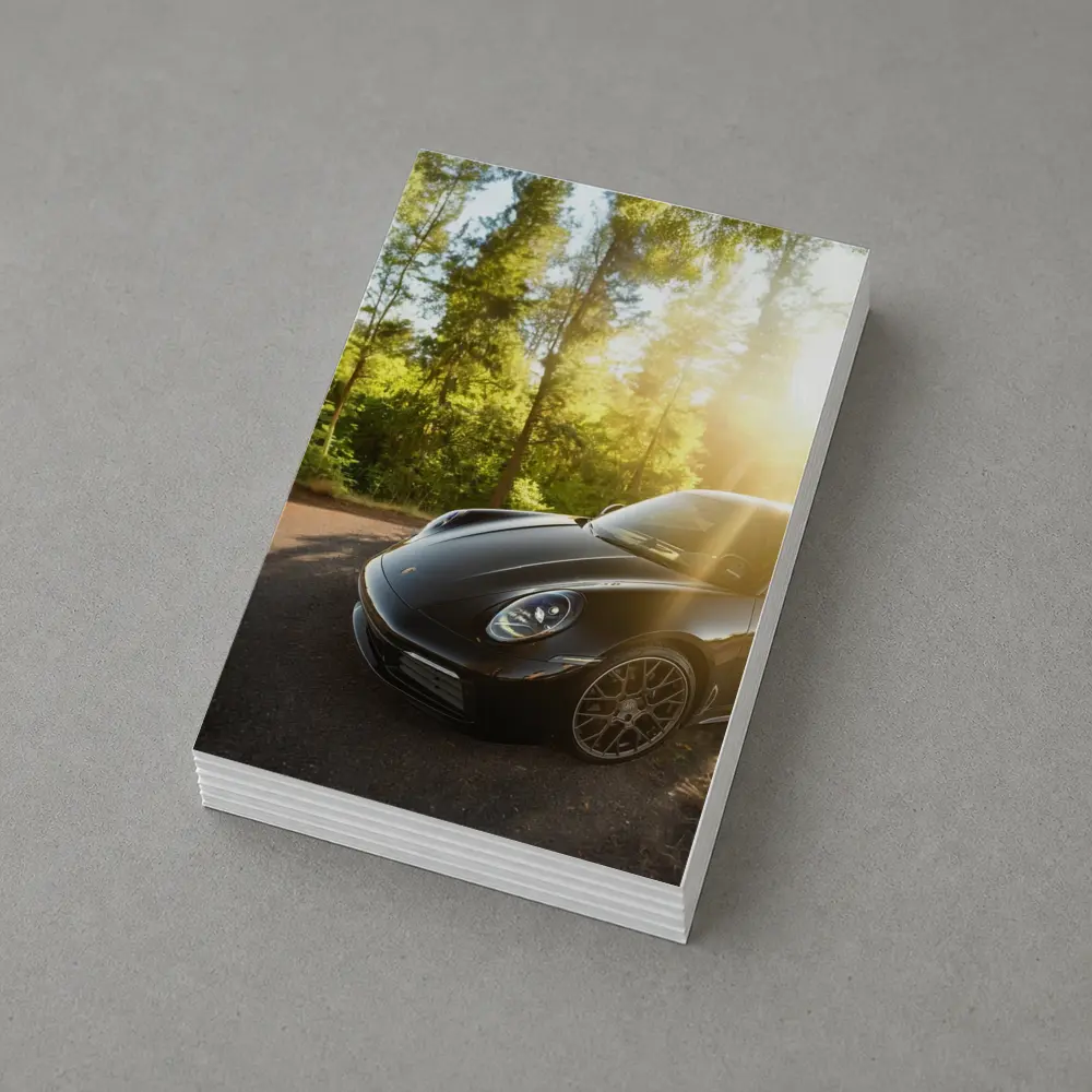 Black Porsche 911 Parked in Sunlit Forest – Postcards