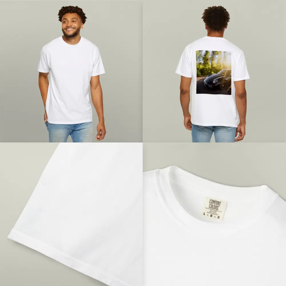 Black Porsche 911 Parked in Sunlit Forest – T-Shirts