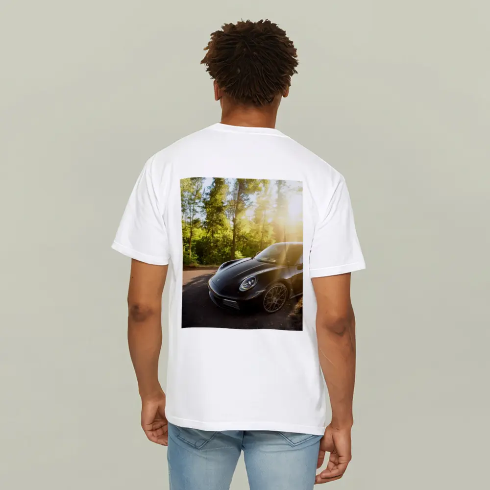 Black Porsche 911 Parked in Sunlit Forest – T-Shirts