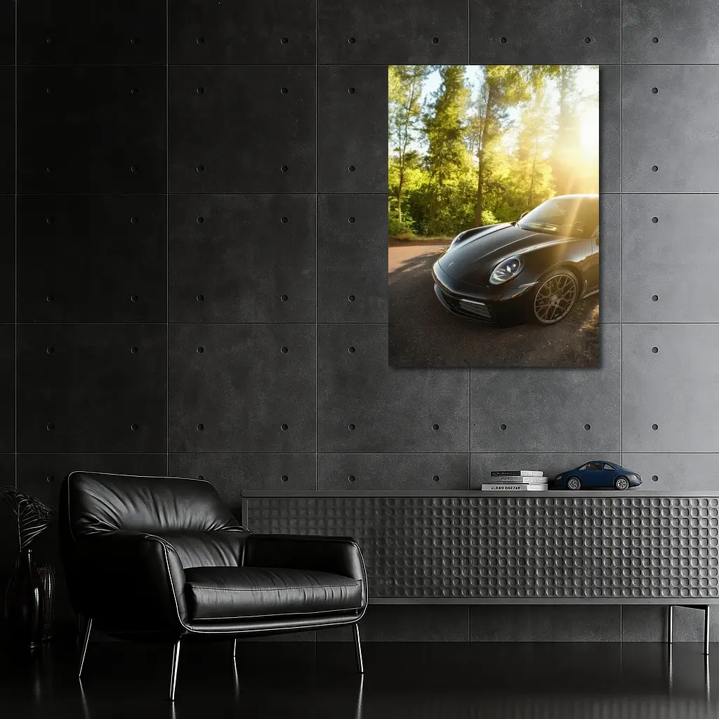 Black Porsche 911 Parked in Sunlit Forest – Wall Art