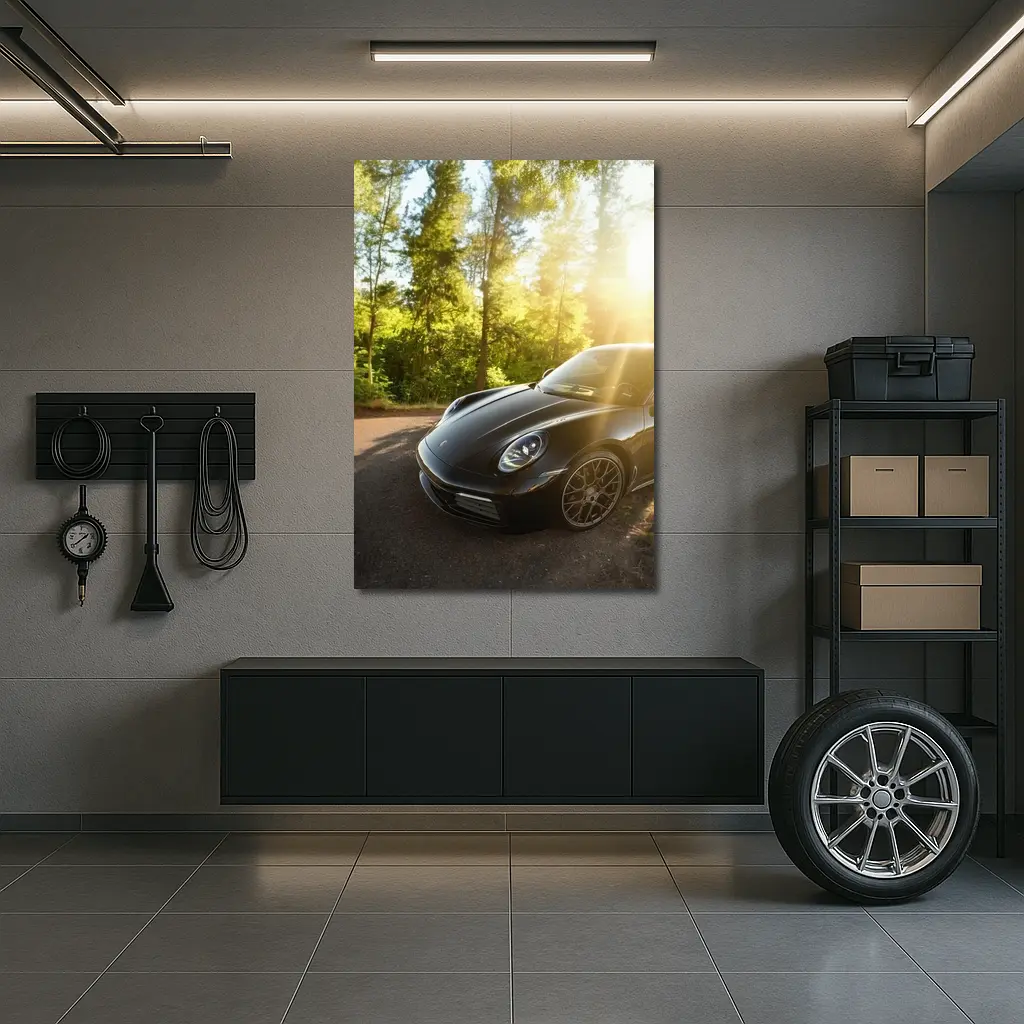 Black Porsche 911 Parked in Sunlit Forest – Wall Art