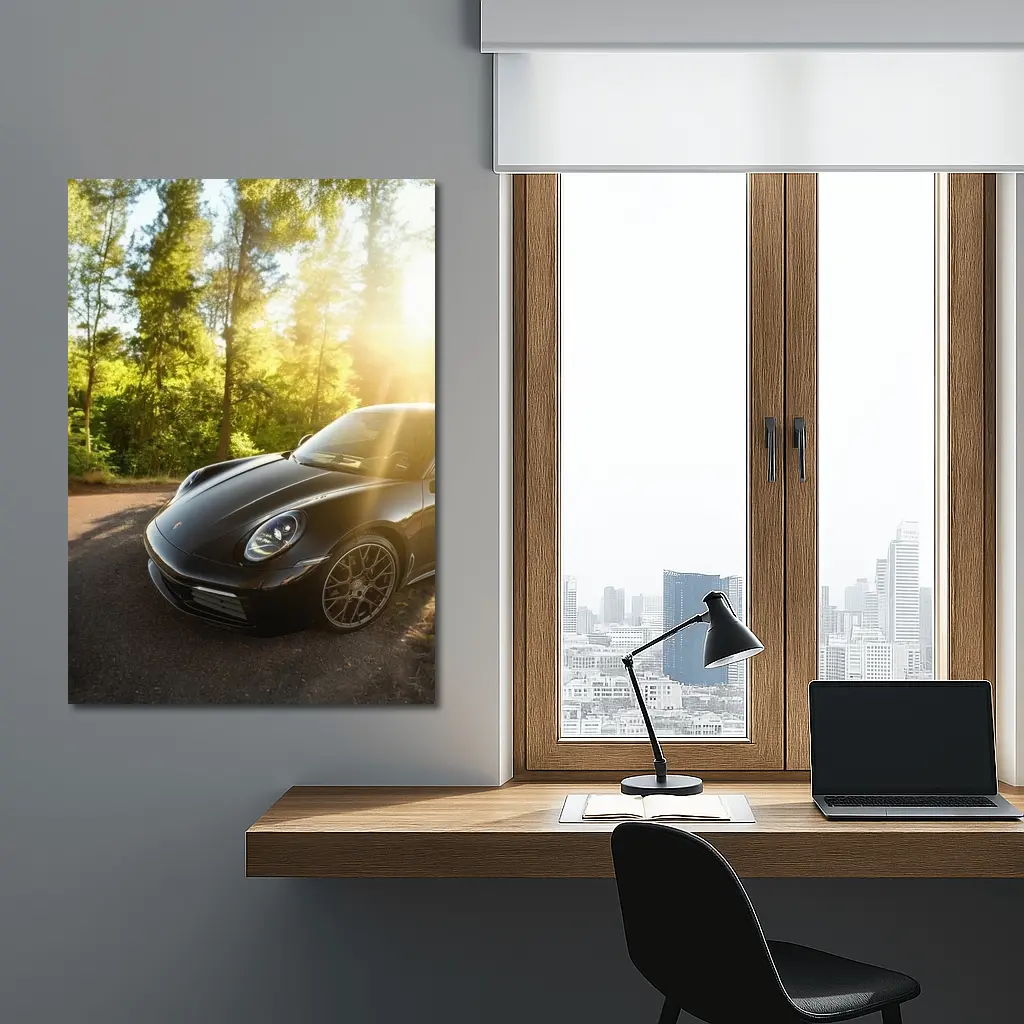Black Porsche 911 Parked in Sunlit Forest – Wall Art