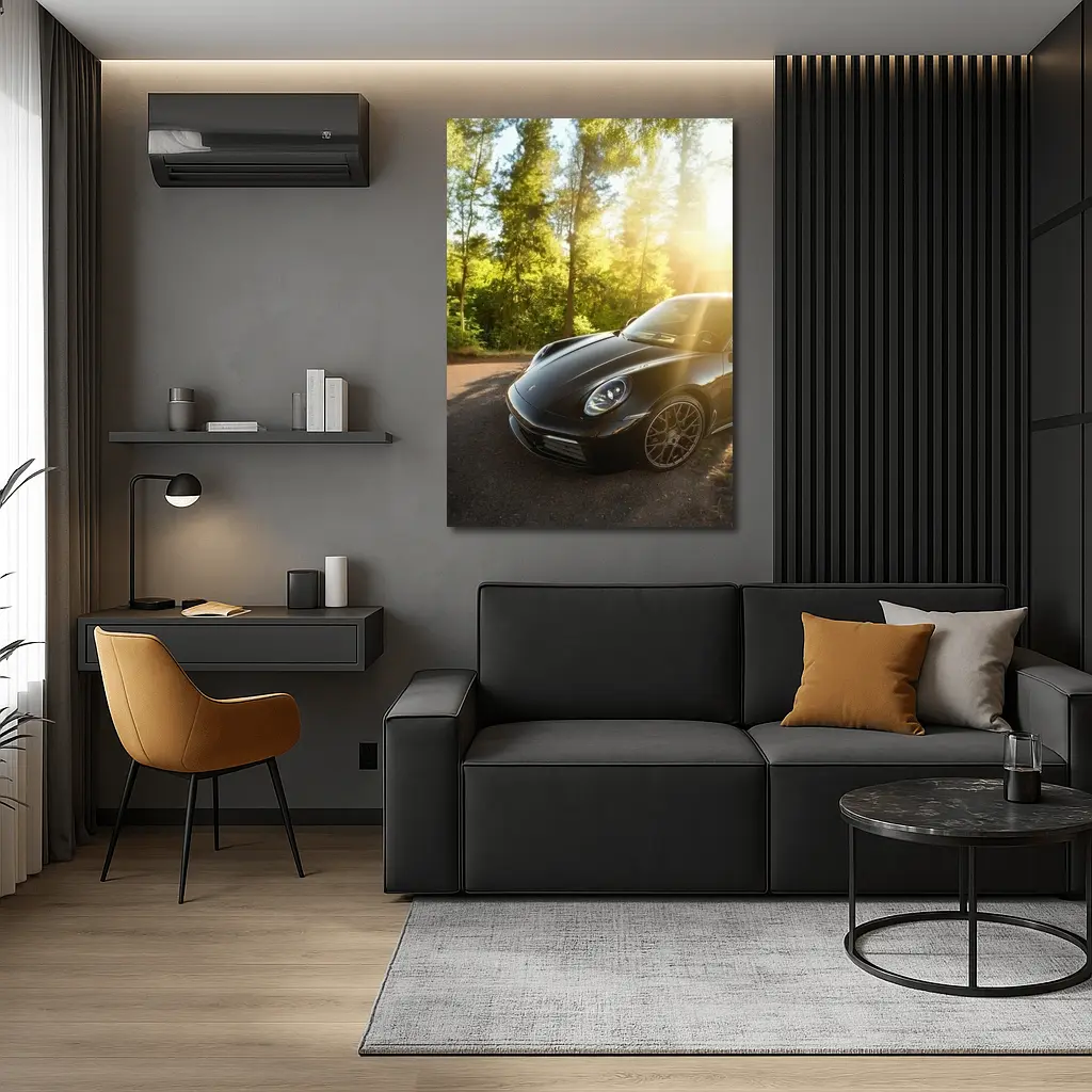 Black Porsche 911 Parked in Sunlit Forest – Wall Art