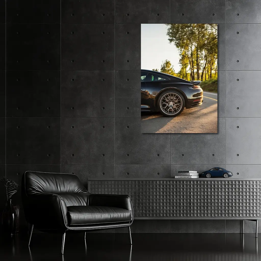 Black Porsche 911 On Scenic Forest Road – Wall Art