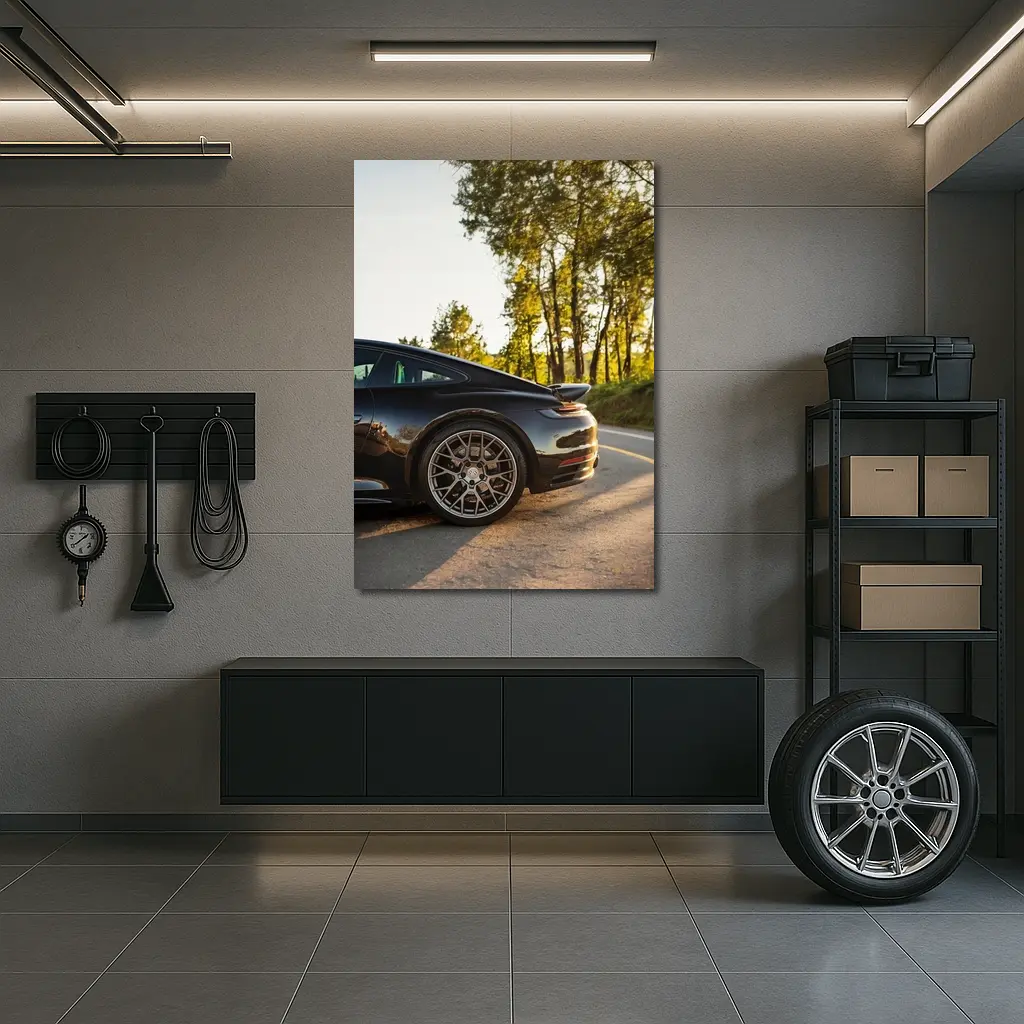 Black Porsche 911 On Scenic Forest Road – Wall Art