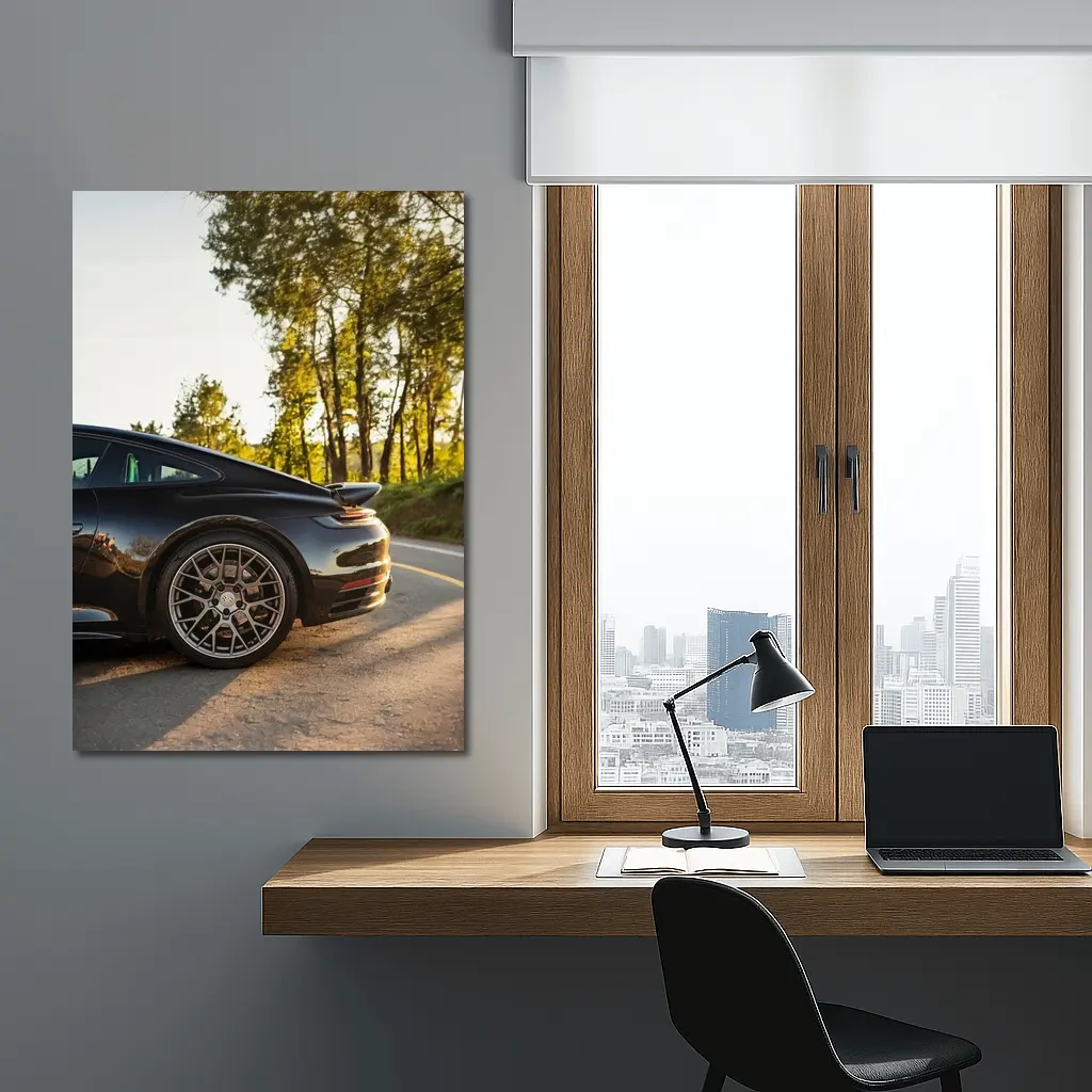 Black Porsche 911 On Scenic Forest Road – Wall Art