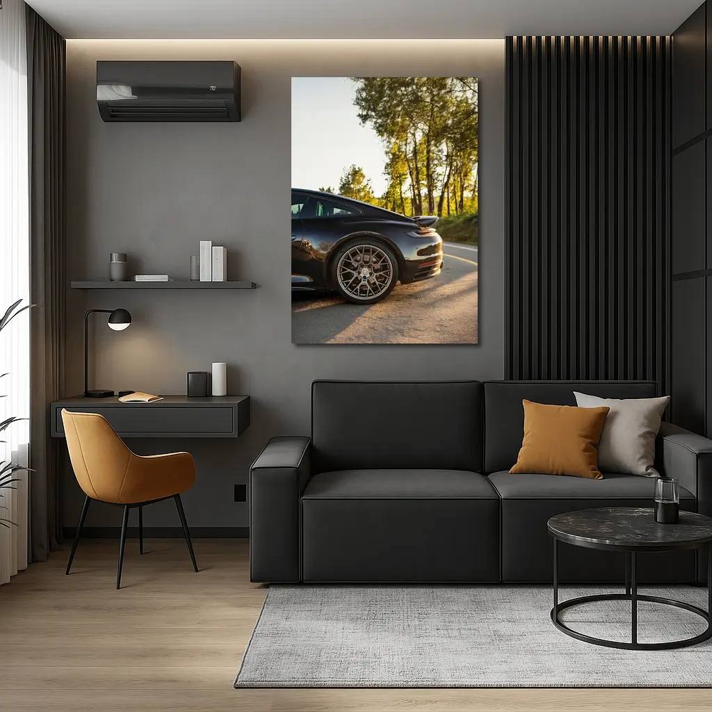 Black Porsche 911 On Scenic Forest Road – Wall Art