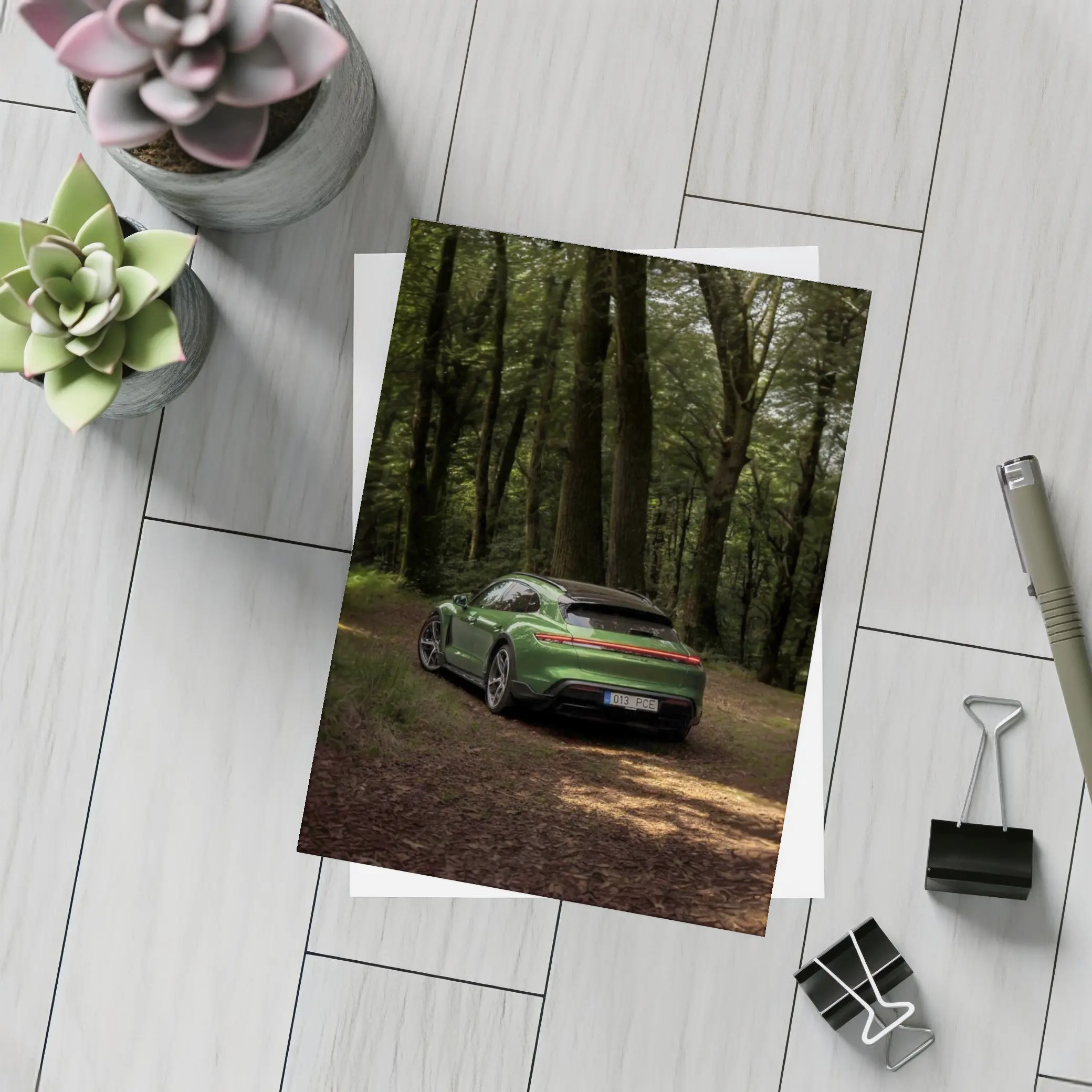 Porsche Taycan Green Forest Road Shot – Postcards