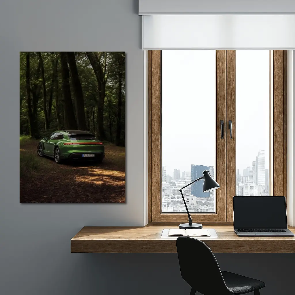 Porsche Taycan Green Forest Road Shot – Wall Art