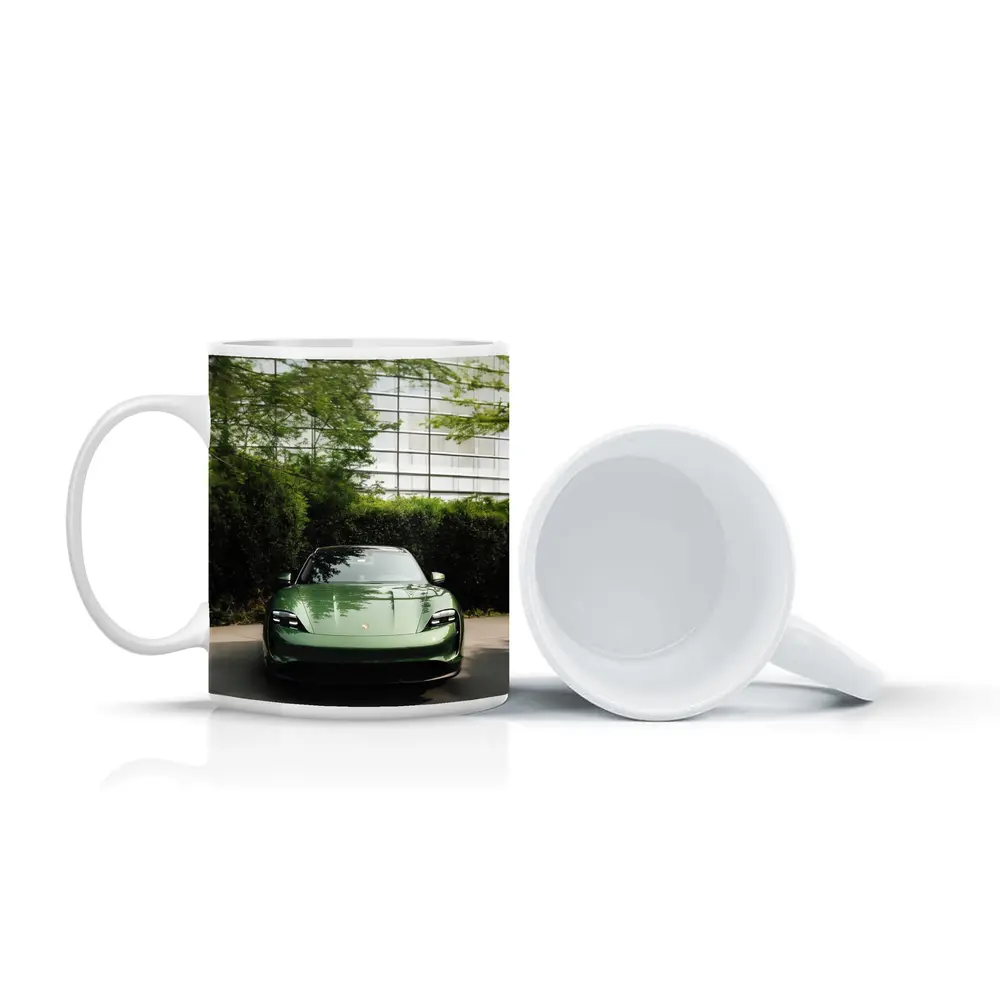 Porsche Taycan Green Front View Glass Building – Mugs