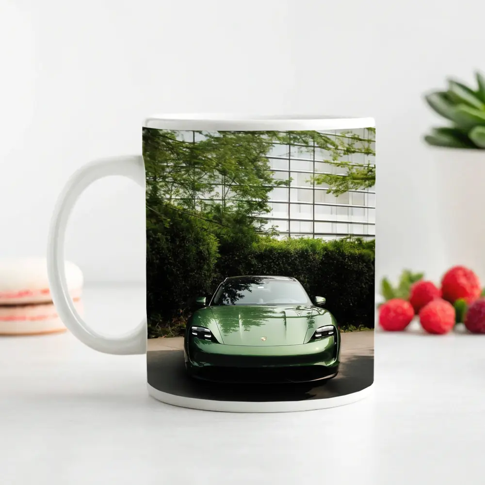 Porsche Taycan Green Front View Glass Building – Mugs