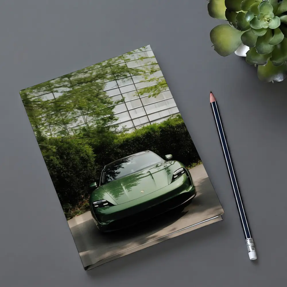 Porsche Taycan Green Front View Glass Building – Notebooks