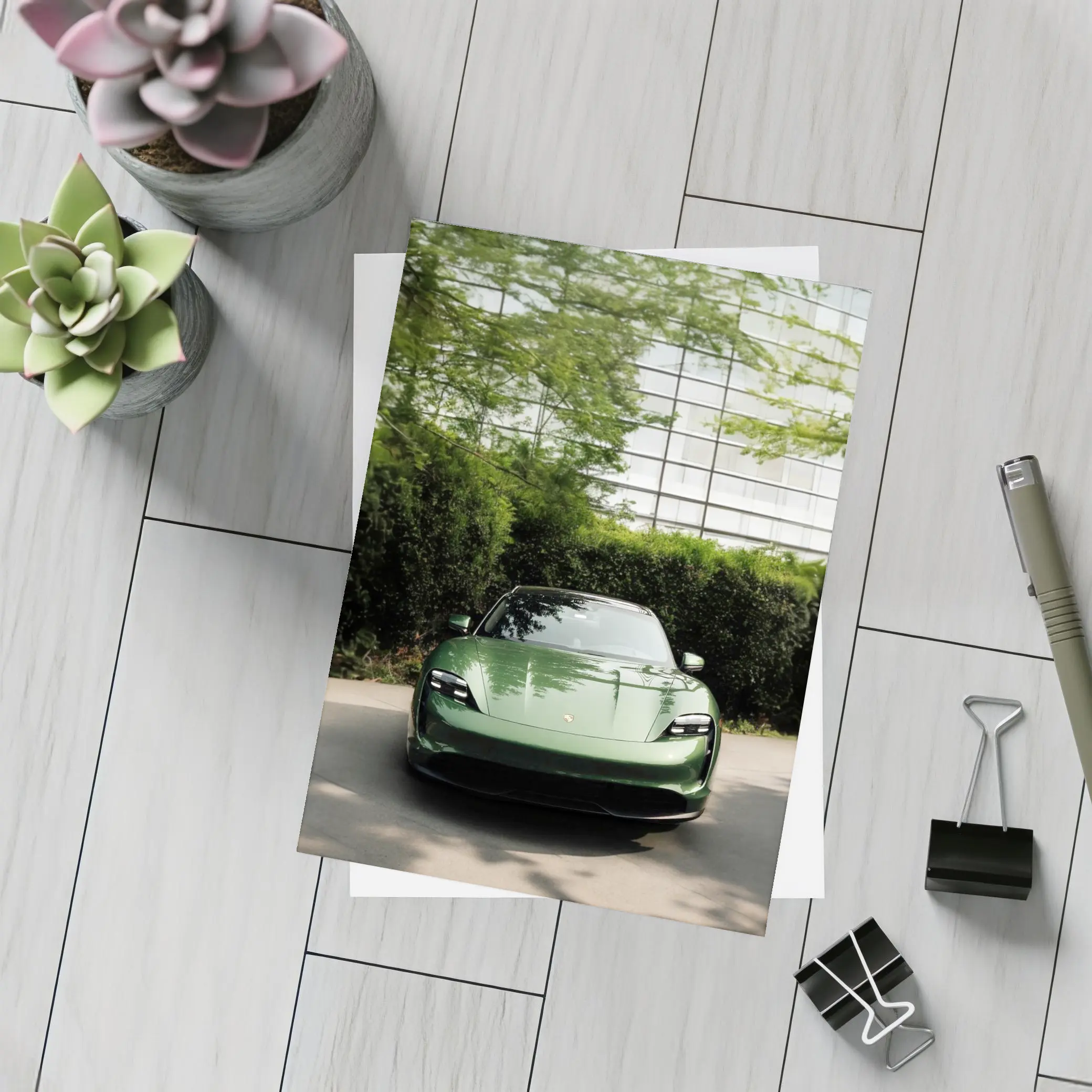 Porsche Taycan Green Front View Glass Building – Postcards