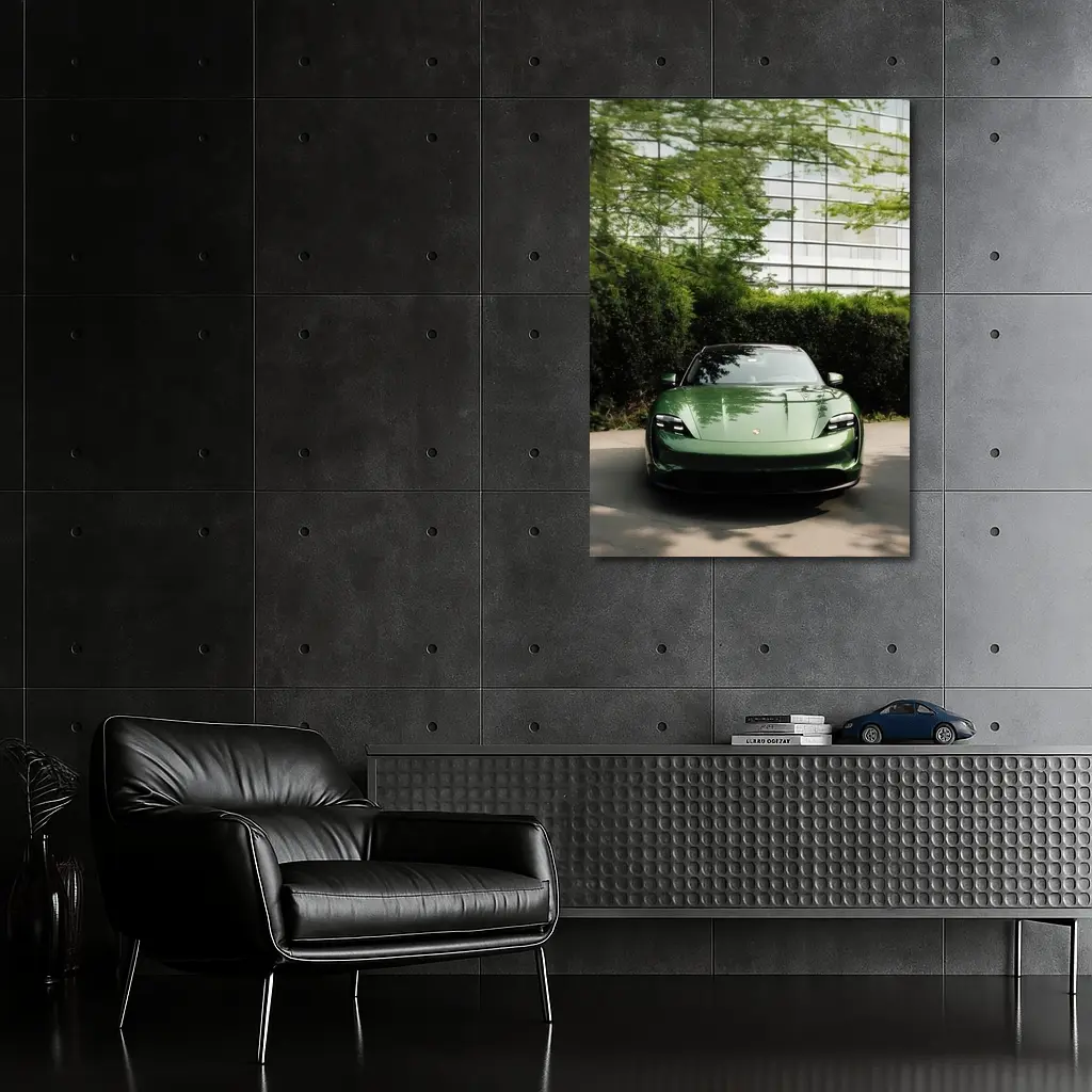 Porsche Taycan Green Front View Glass Building – Wall Art