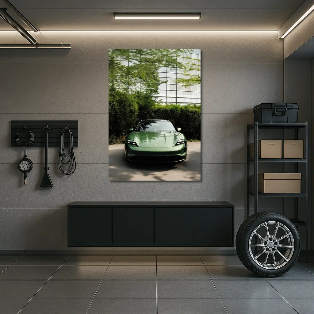 Porsche Taycan Green Front View Glass Building – Wall Art