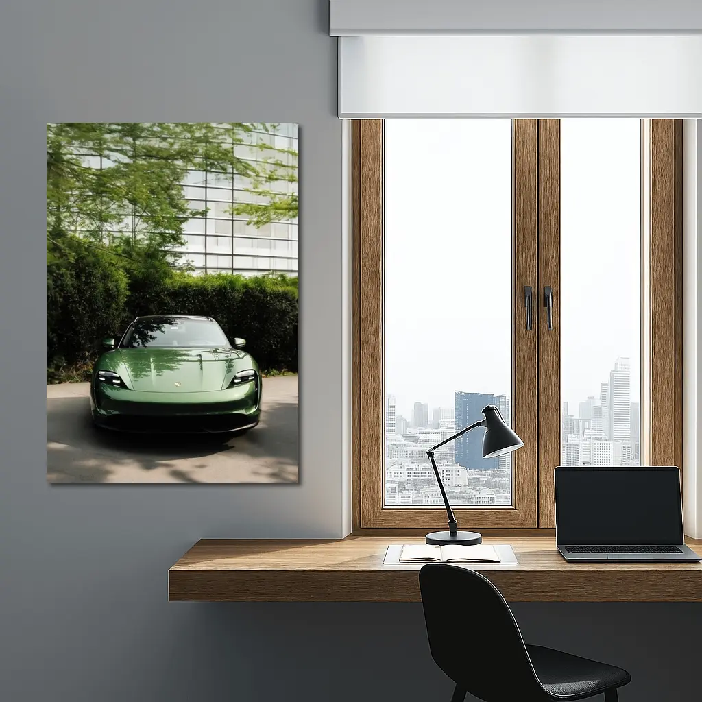 Porsche Taycan Green Front View Glass Building – Wall Art