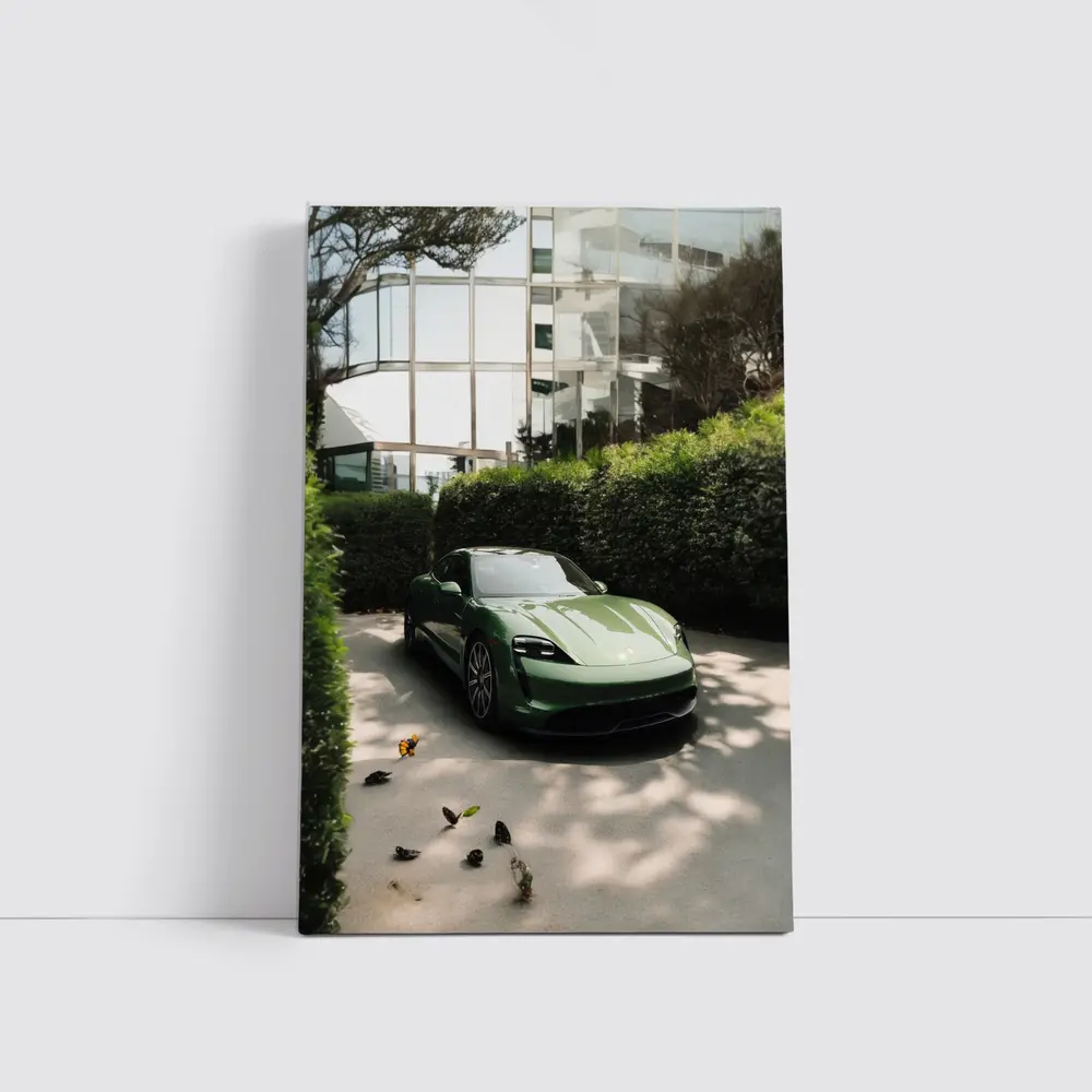 Green Porsche Taycan Parked Near Glass Building – Wall Art