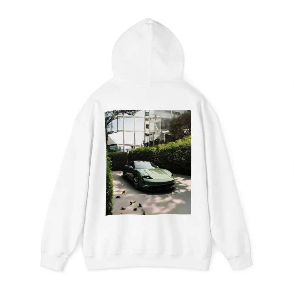 Green Porsche Taycan Parked Near Glass Building – Hoodies