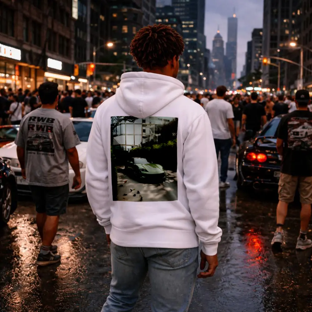 Green Porsche Taycan Parked Near Glass Building – Hoodies