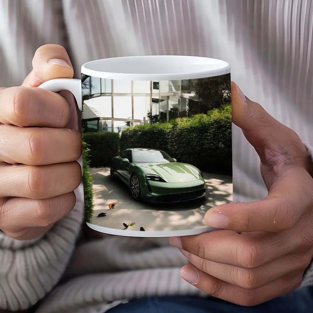 Green Porsche Taycan Parked Near Glass Building – Mugs