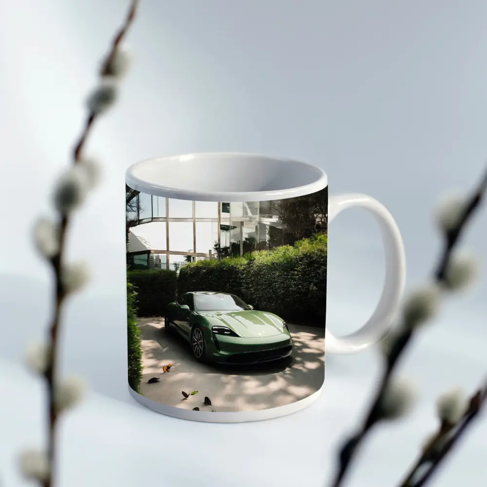 Green Porsche Taycan Parked Near Glass Building – Mugs