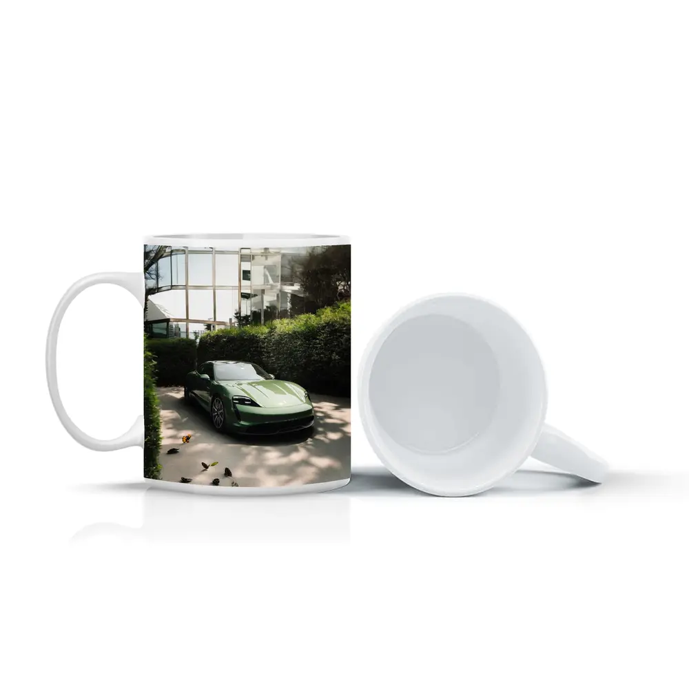 Green Porsche Taycan Parked Near Glass Building – Mugs
