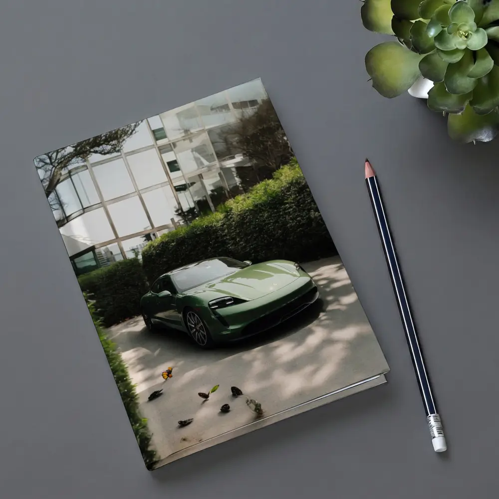 Green Porsche Taycan Parked Near Glass Building – Notebooks
