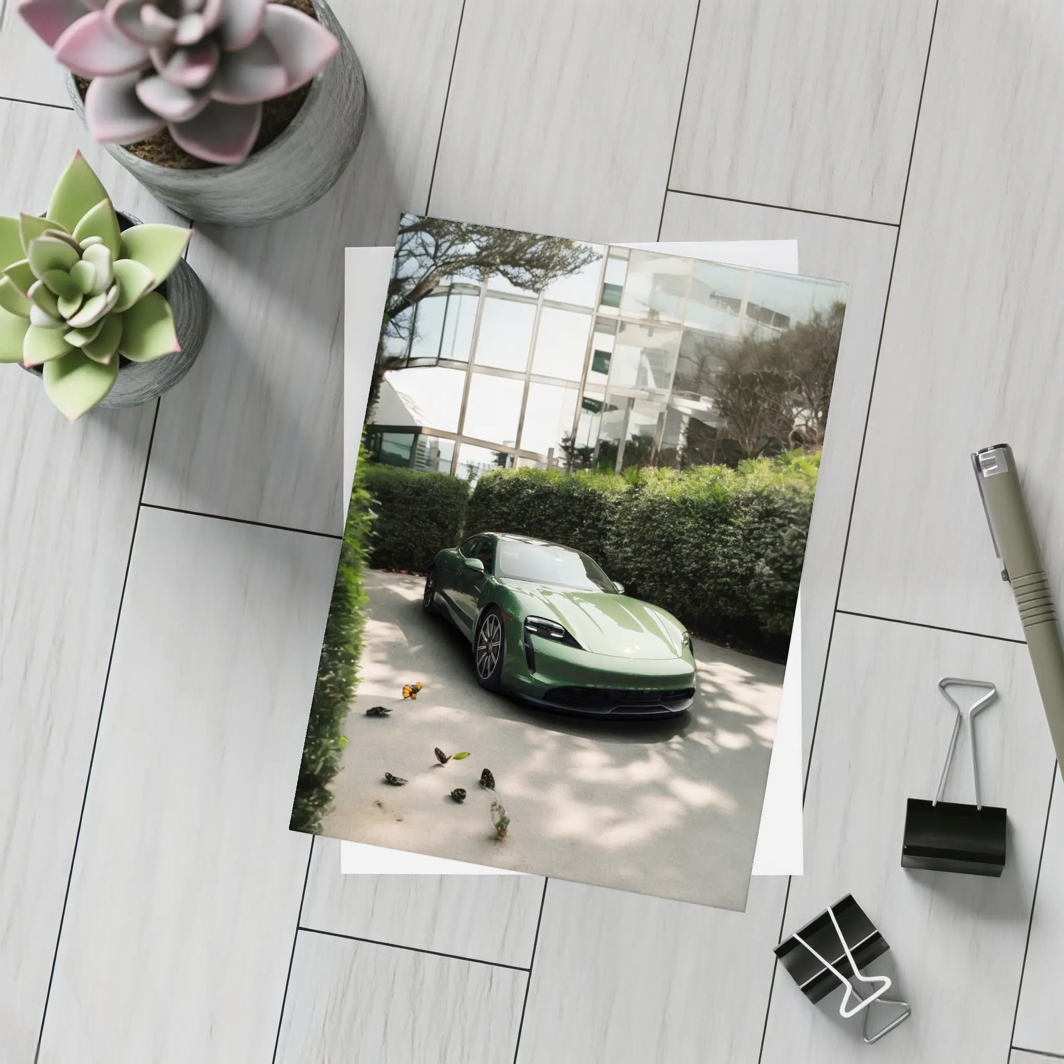 Green Porsche Taycan Parked Near Glass Building – Postcards