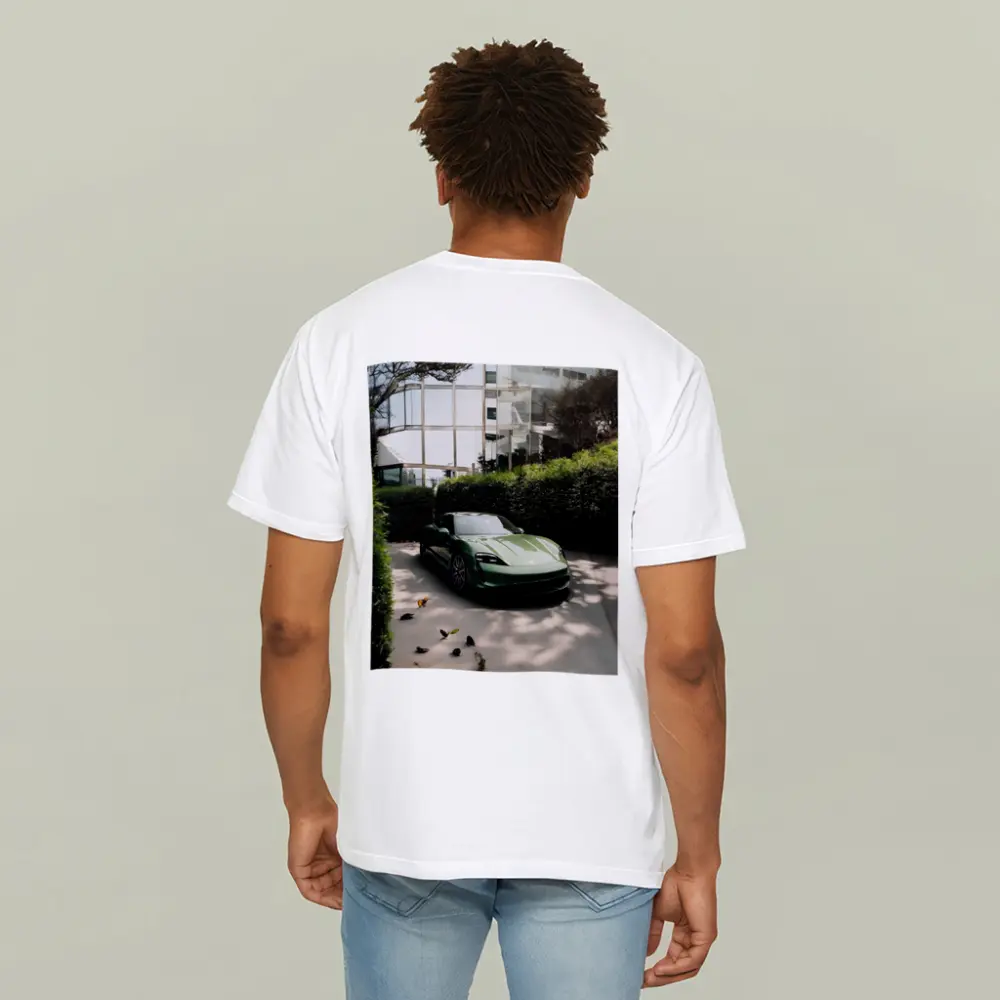 Green Porsche Taycan Parked Near Glass Building – T-Shirts