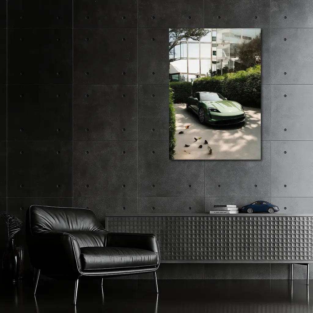 Green Porsche Taycan Parked Near Glass Building – Wall Art