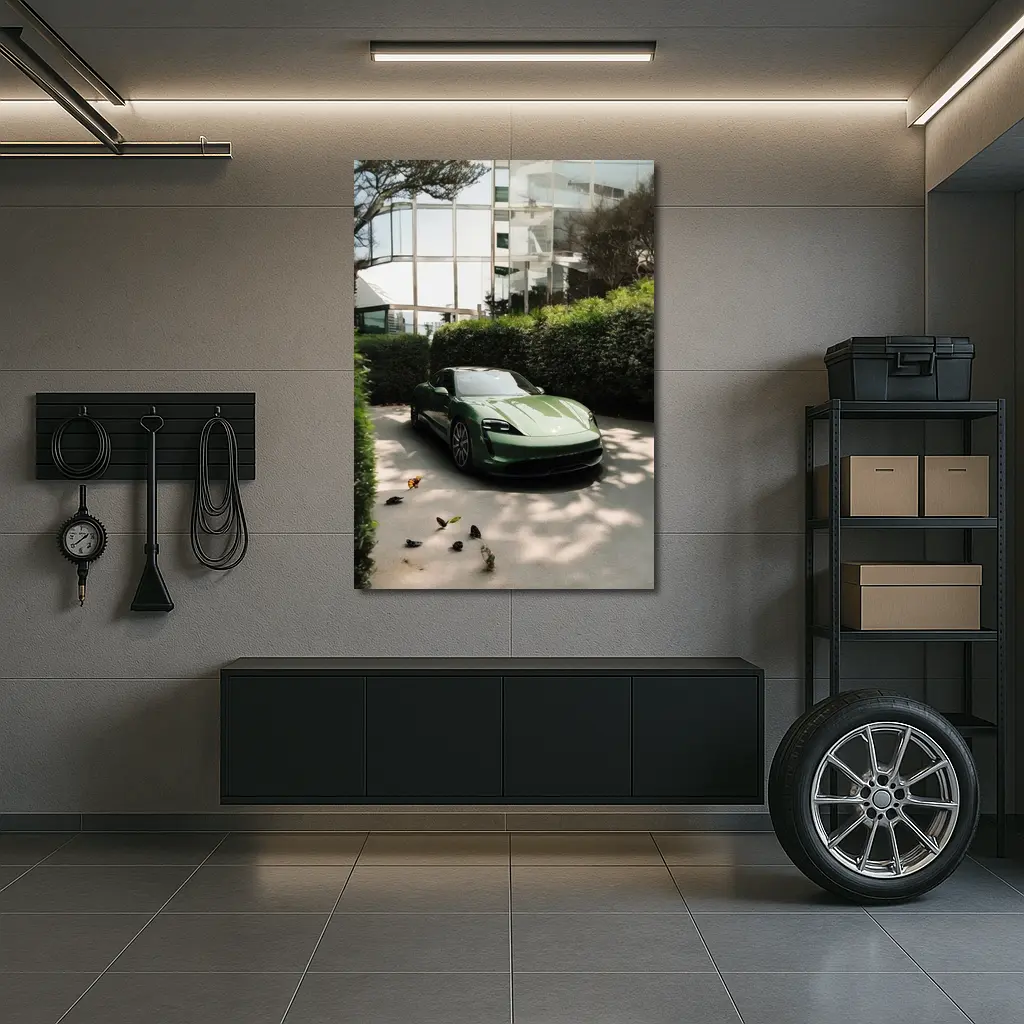 Green Porsche Taycan Parked Near Glass Building – Wall Art