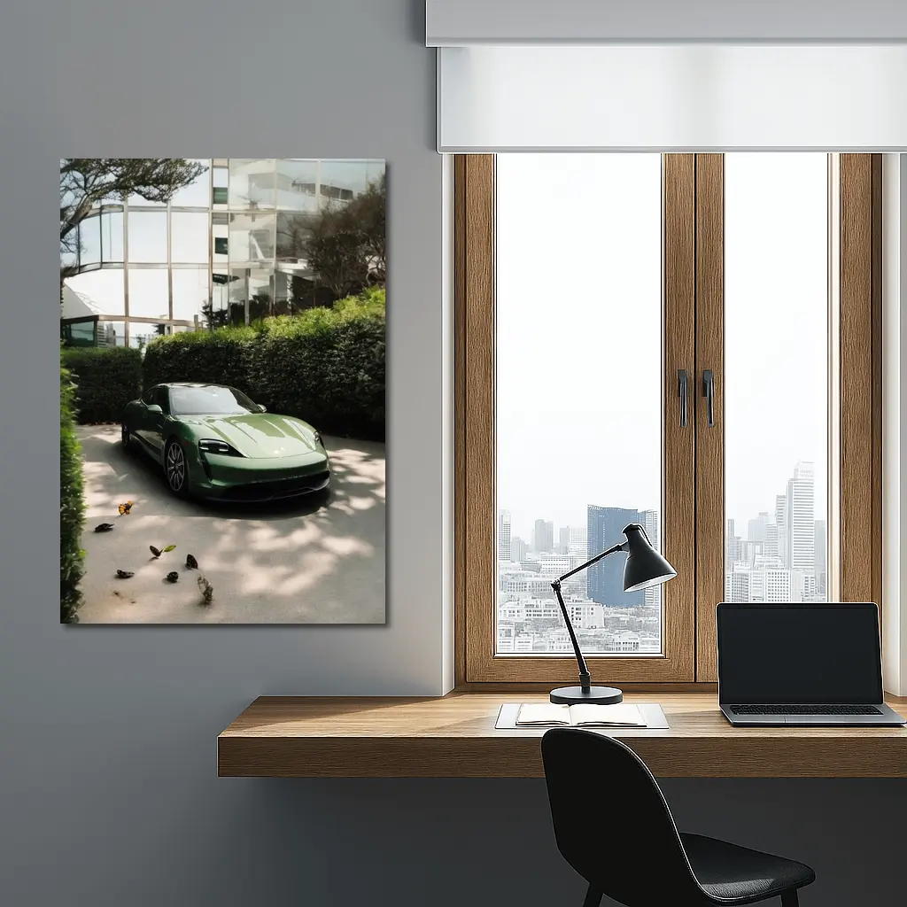 Green Porsche Taycan Parked Near Glass Building – Wall Art