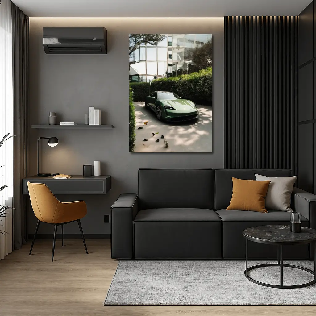 Green Porsche Taycan Parked Near Glass Building – Wall Art
